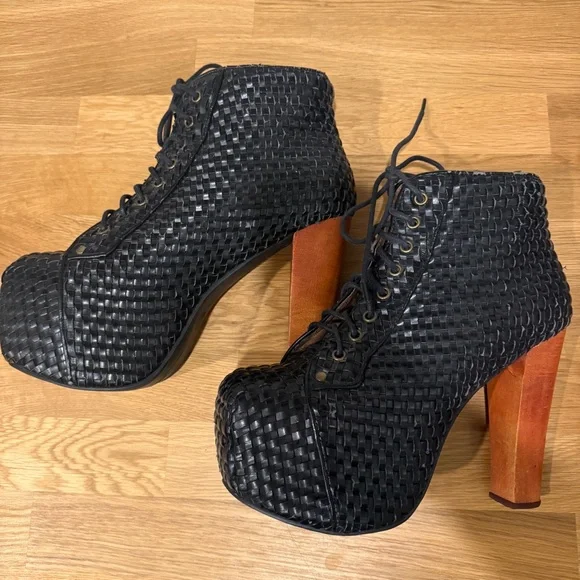 Jeffrey Campbell Black Woven Lita Lace-Up Platform Boots - Picture 10 of 14